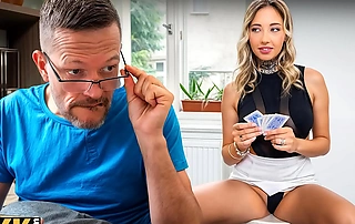 Seductive blonde European tempts stepdaddy with piercing gaze, igniting forbidden gonzo cheating encounter.
